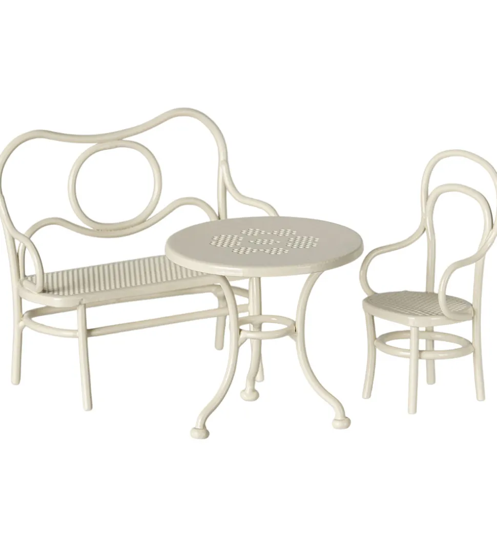 Maileg Miniature Cafesæt - Bord med Stol og Bænk - Mus - Hvid